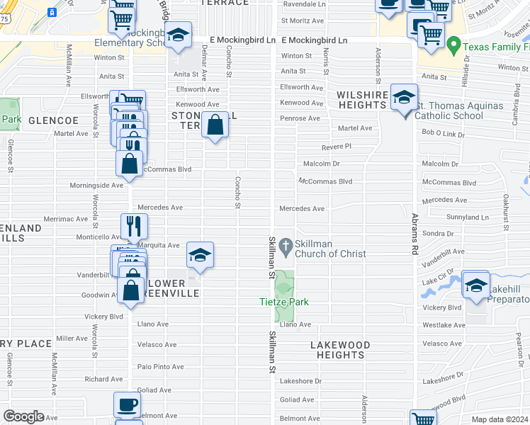 map of restaurants, bars, coffee shops, grocery stores, and more near 6038 Mercedes Avenue in Dallas