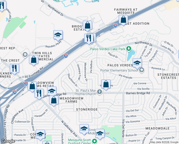 map of restaurants, bars, coffee shops, grocery stores, and more near 1142 Via Del Ray in Mesquite