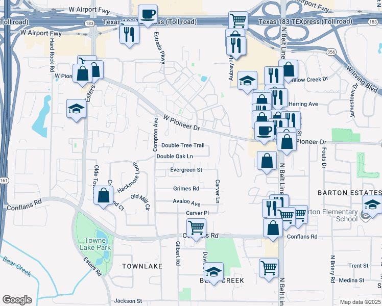 map of restaurants, bars, coffee shops, grocery stores, and more near 3905 Double Oak Lane in Irving