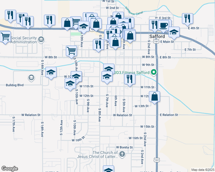 map of restaurants, bars, coffee shops, grocery stores, and more near 698 West 11th Street in Safford