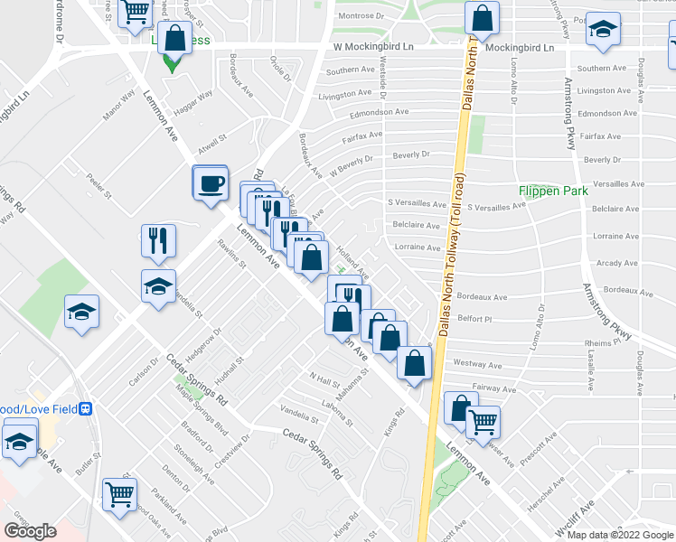 map of restaurants, bars, coffee shops, grocery stores, and more near 3526 Dorothy Avenue in Dallas