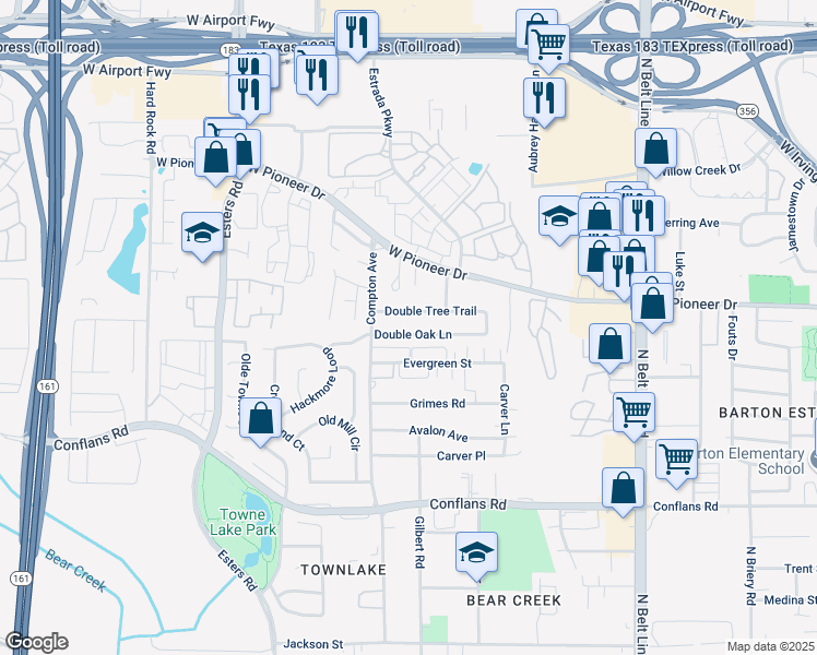 map of restaurants, bars, coffee shops, grocery stores, and more near 4014 Double Oak Lane in Irving