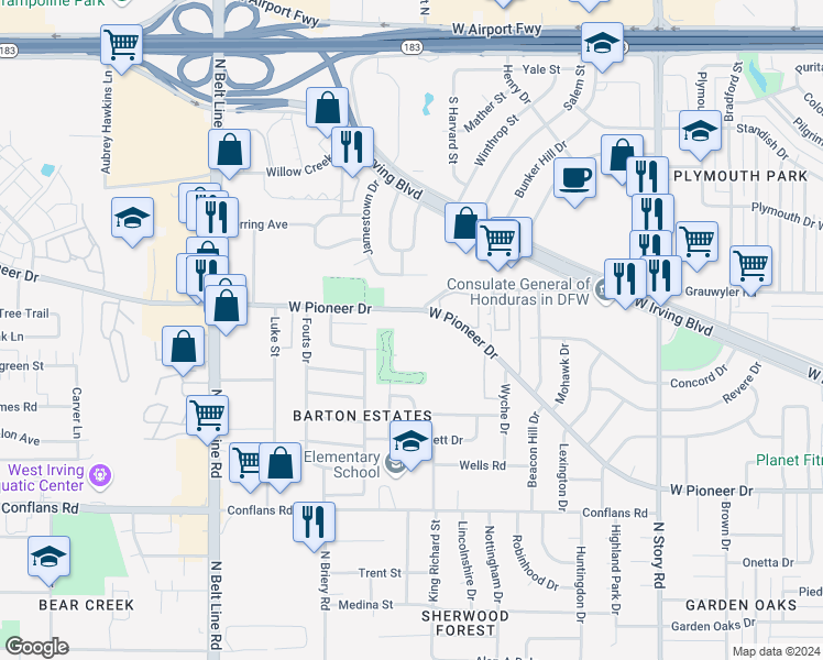 map of restaurants, bars, coffee shops, grocery stores, and more near 2934 West Pioneer Drive in Irving