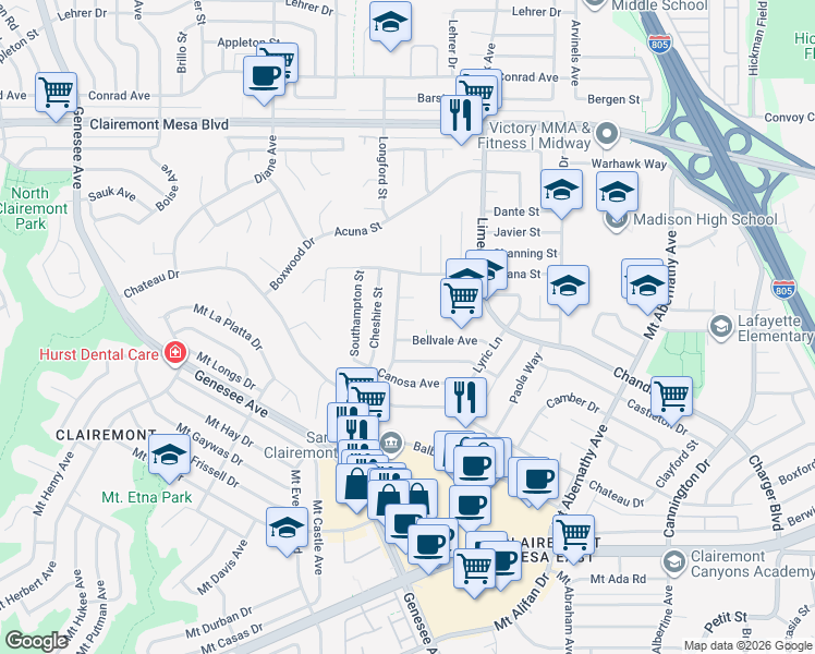 map of restaurants, bars, coffee shops, grocery stores, and more near 5114 Bellvale Avenue in San Diego