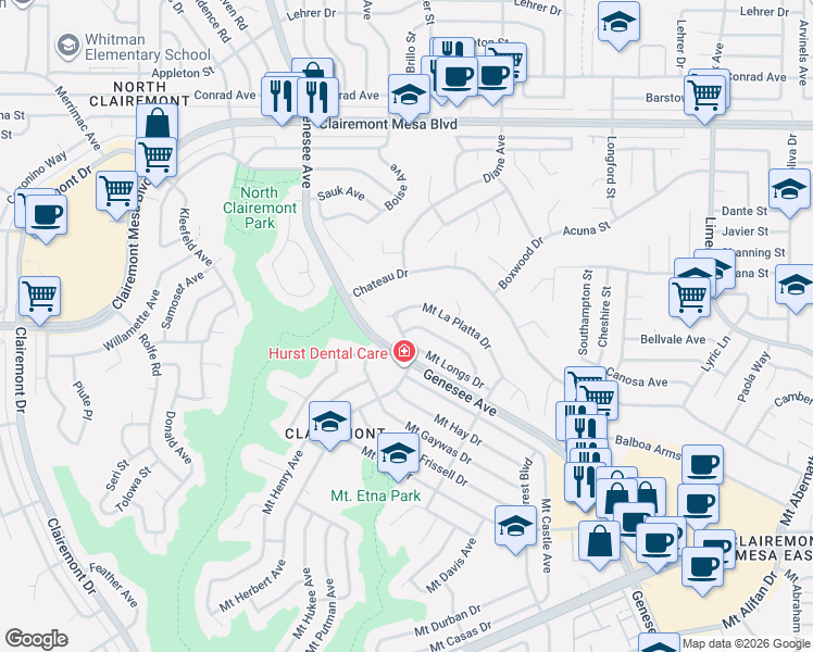 map of restaurants, bars, coffee shops, grocery stores, and more near 4723 Mount La Palma Drive in San Diego