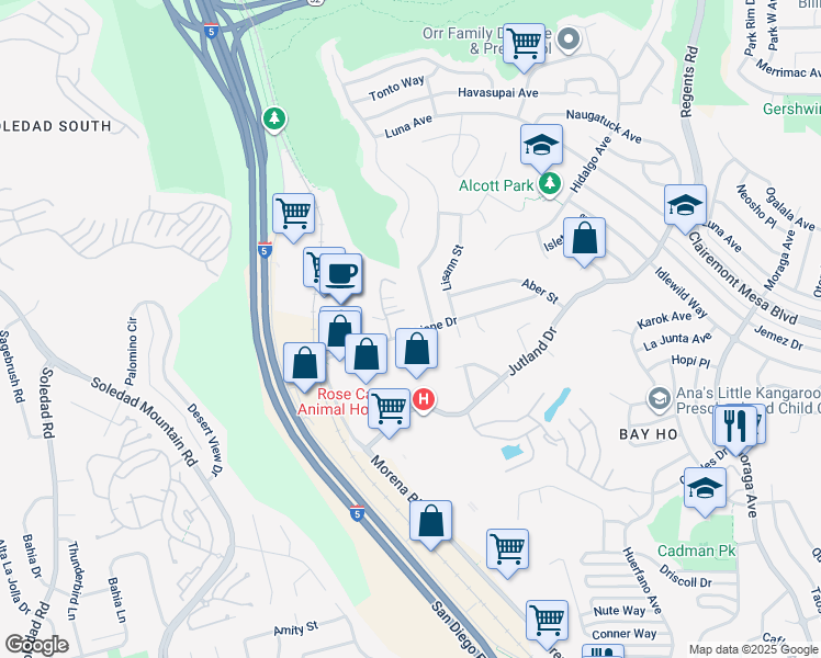 map of restaurants, bars, coffee shops, grocery stores, and more near 2737 Ariane Drive in San Diego