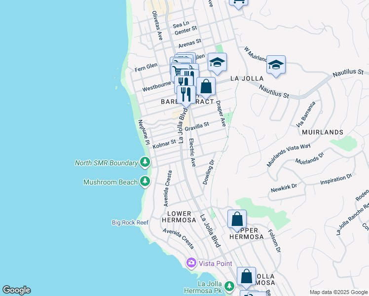 map of restaurants, bars, coffee shops, grocery stores, and more near 6529 Electric Avenue in San Diego