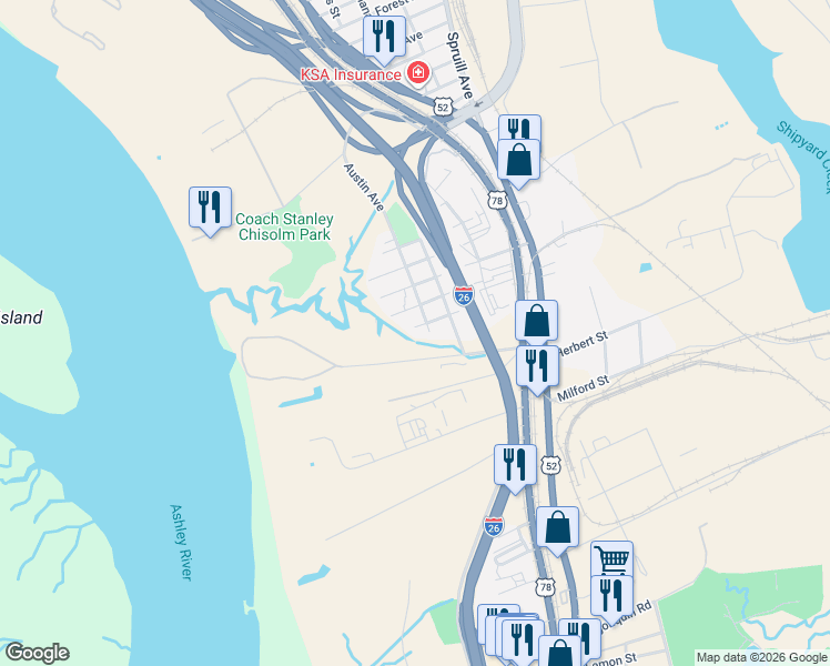 map of restaurants, bars, coffee shops, grocery stores, and more near 2311 Peonie Avenue in North Charleston