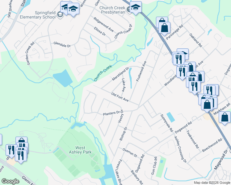 map of restaurants, bars, coffee shops, grocery stores, and more near 1975 Old Fort Avenue in Charleston