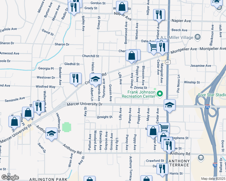 map of restaurants, bars, coffee shops, grocery stores, and more near 284 Grosso Avenue in Macon