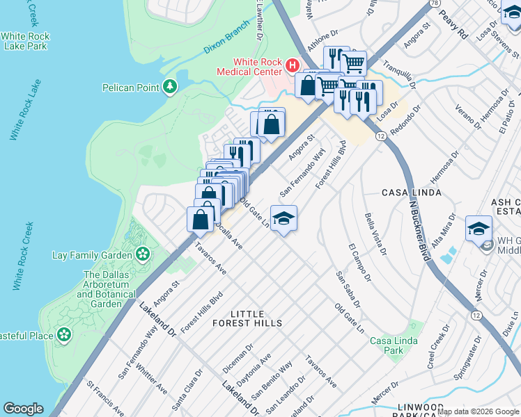 map of restaurants, bars, coffee shops, grocery stores, and more near 9115 San Fernando Way in Dallas