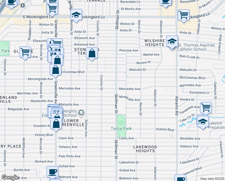 map of restaurants, bars, coffee shops, grocery stores, and more near 6038 Mercedes Avenue in Dallas