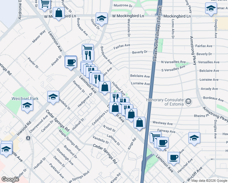 map of restaurants, bars, coffee shops, grocery stores, and more near 3526 Dorothy Avenue in Dallas