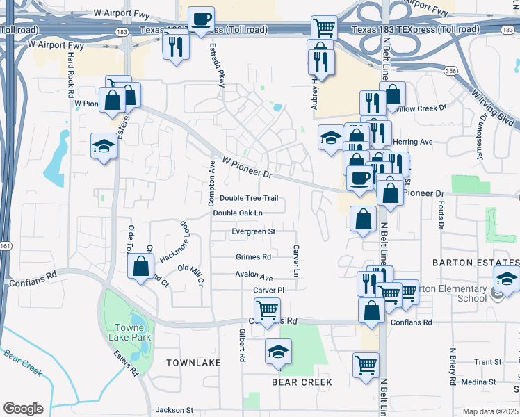 map of restaurants, bars, coffee shops, grocery stores, and more near 3905 Double Oak Lane in Irving