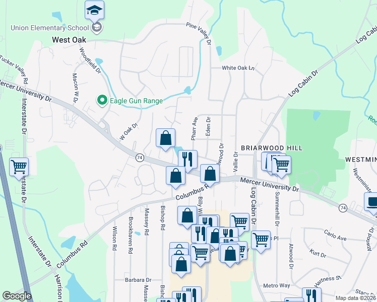 map of restaurants, bars, coffee shops, grocery stores, and more near 4423 Pharr Avenue in Macon