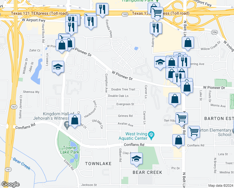 map of restaurants, bars, coffee shops, grocery stores, and more near 4001 Double Oak Lane in Irving