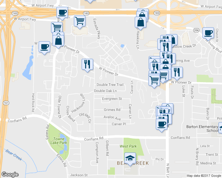 map of restaurants, bars, coffee shops, grocery stores, and more near 3905 Double Oak Lane in Irving