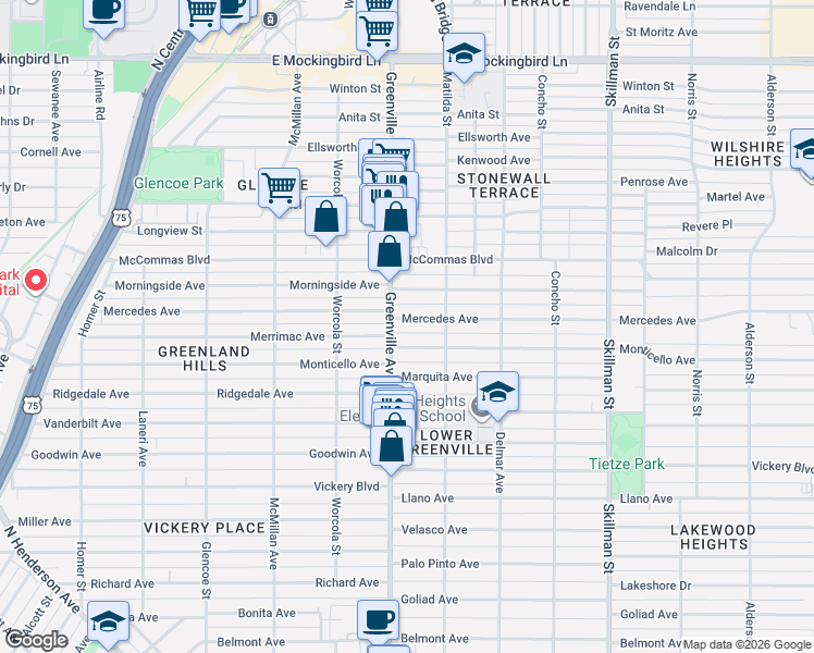map of restaurants, bars, coffee shops, grocery stores, and more near 5712 Mercedes Avenue in Dallas