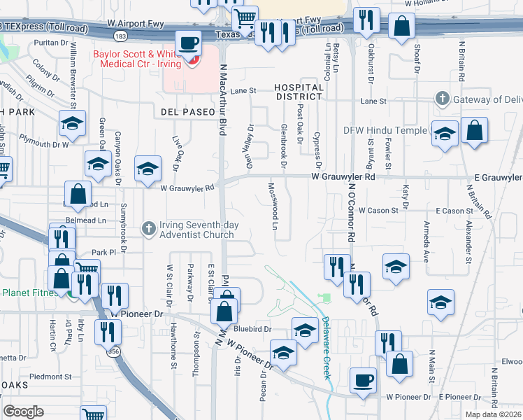 map of restaurants, bars, coffee shops, grocery stores, and more near 1408 Moss Rose Circle in Irving