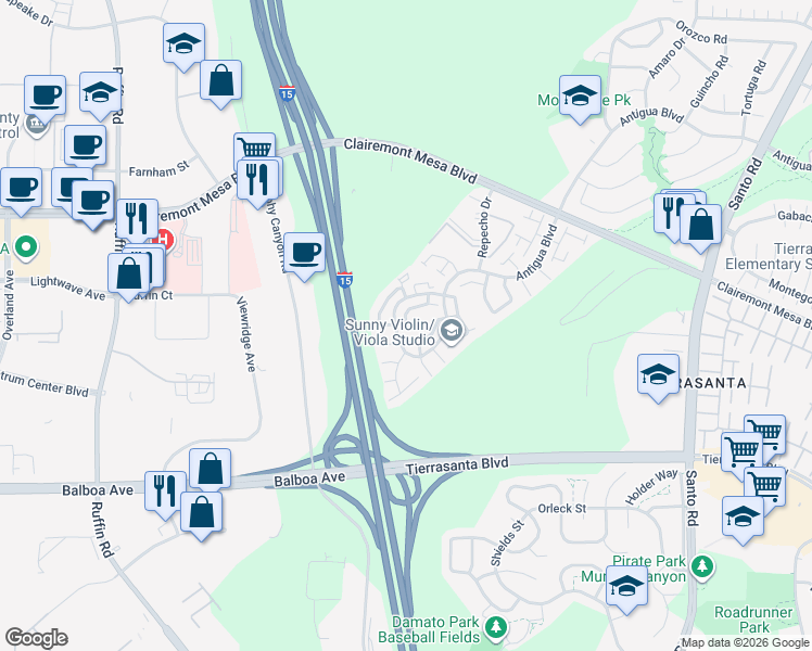 map of restaurants, bars, coffee shops, grocery stores, and more near 9787 Rimpark Way in San Diego