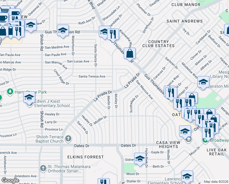 map of restaurants, bars, coffee shops, grocery stores, and more near 3990 La Prada Drive in Mesquite