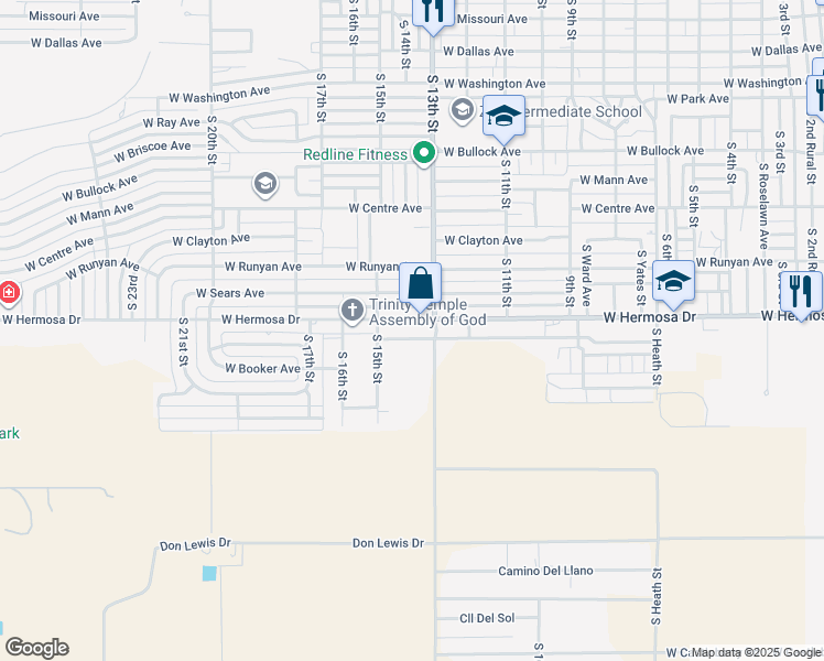 map of restaurants, bars, coffee shops, grocery stores, and more near 1305 West Hermosa Drive in Artesia