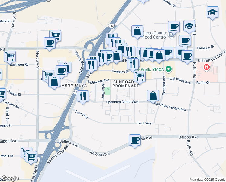 map of restaurants, bars, coffee shops, grocery stores, and more near 8798 Spectrum Center Boulevard in San Diego