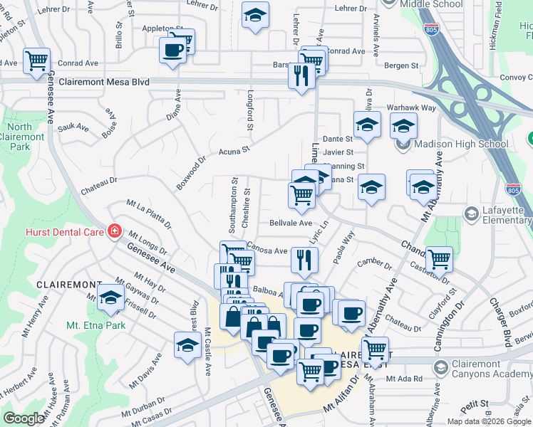 map of restaurants, bars, coffee shops, grocery stores, and more near 5113 Wilts Place in San Diego