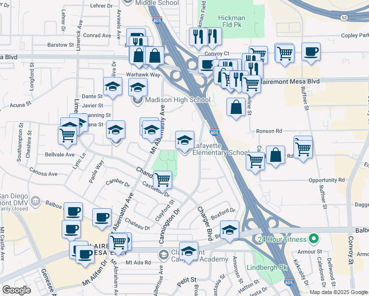 map of restaurants, bars, coffee shops, grocery stores, and more near 4721 Printwood Court in San Diego