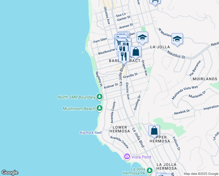 map of restaurants, bars, coffee shops, grocery stores, and more near 253 Kolmar Street in San Diego
