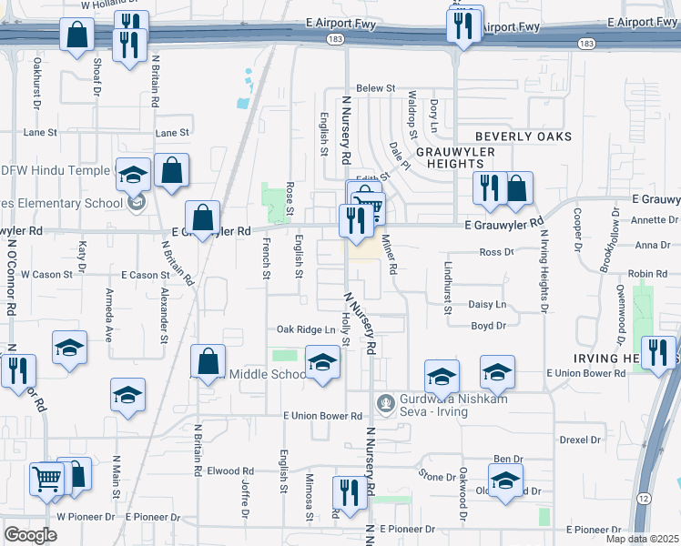 map of restaurants, bars, coffee shops, grocery stores, and more near 1325 North Nursery Road in Irving