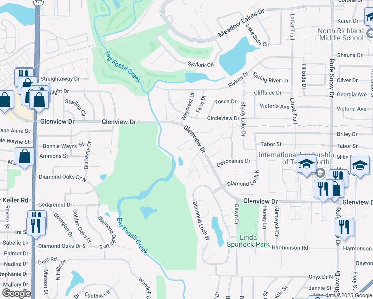 map of restaurants, bars, coffee shops, grocery stores, and more near 6150 Glenview Drive in North Richland Hills