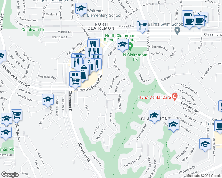 map of restaurants, bars, coffee shops, grocery stores, and more near 4225 Samoset Avenue in San Diego