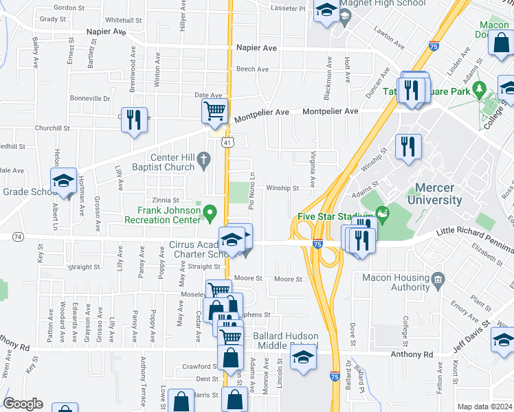 map of restaurants, bars, coffee shops, grocery stores, and more near 1671 Madden Avenue in Macon