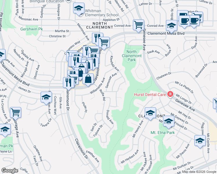 map of restaurants, bars, coffee shops, grocery stores, and more near 4225 Samoset Avenue in San Diego