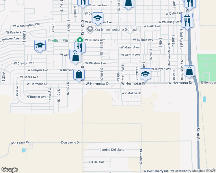 map of restaurants, bars, coffee shops, grocery stores, and more near 1005 West Hermosa Drive in Artesia