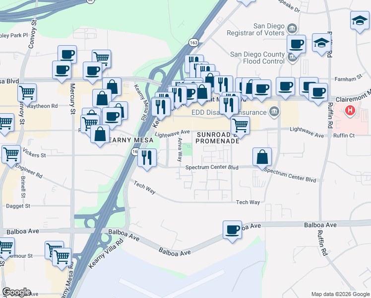 map of restaurants, bars, coffee shops, grocery stores, and more near 4855 Ariva Way in San Diego