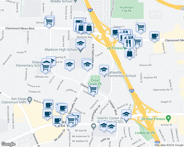 map of restaurants, bars, coffee shops, grocery stores, and more near 5942 Printwood Way in San Diego