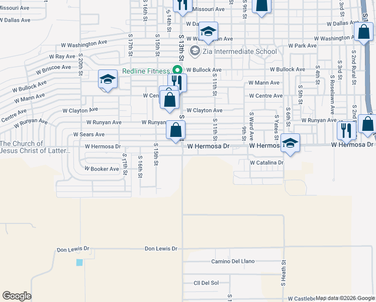 map of restaurants, bars, coffee shops, grocery stores, and more near 1400 South 13th Street in Artesia