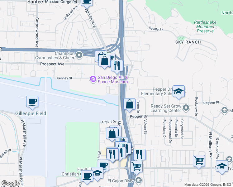 map of restaurants, bars, coffee shops, grocery stores, and more near 8400 Magnolia Avenue in Santee