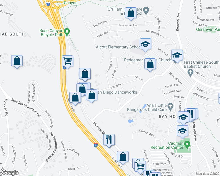 map of restaurants, bars, coffee shops, grocery stores, and more near Ariane Dr & Leathers St in San Diego