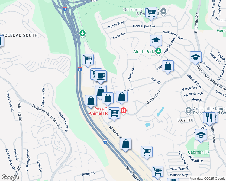 map of restaurants, bars, coffee shops, grocery stores, and more near 2710 Ariane Drive in San Diego
