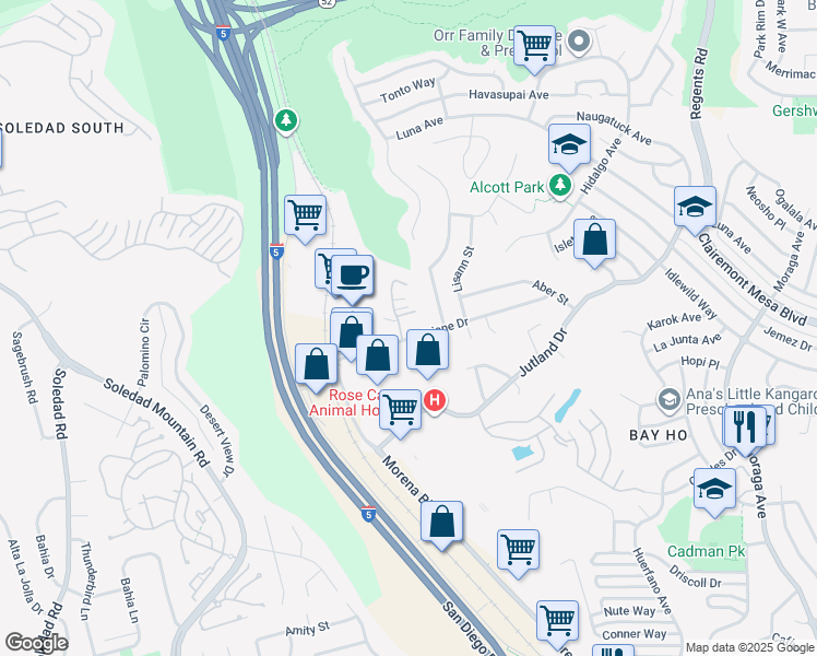 map of restaurants, bars, coffee shops, grocery stores, and more near 2742 Ariane Drive in San Diego