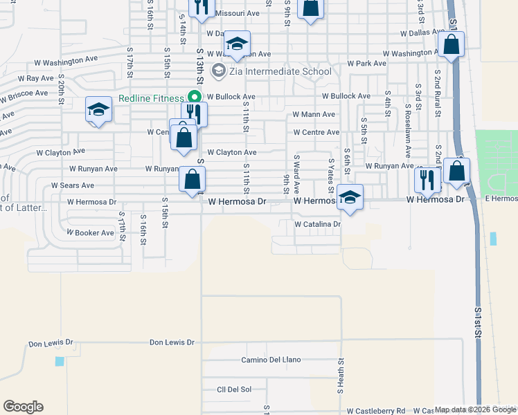 map of restaurants, bars, coffee shops, grocery stores, and more near 1005 West Hermosa Drive in Artesia