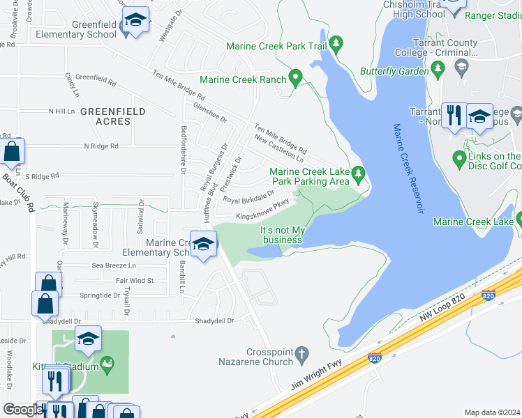 map of restaurants, bars, coffee shops, grocery stores, and more near 5368 Kingsknowe Parkway in Fort Worth