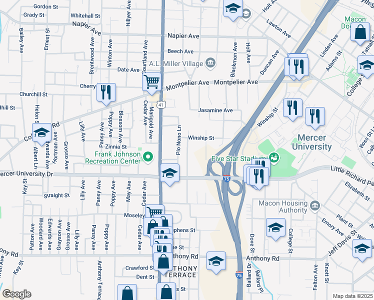 map of restaurants, bars, coffee shops, grocery stores, and more near 1693 Madden Avenue in Macon