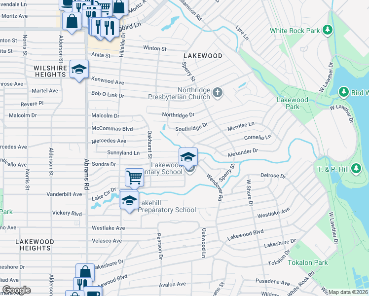 map of restaurants, bars, coffee shops, grocery stores, and more near 6790 Wendover Road in Dallas