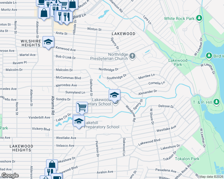 map of restaurants, bars, coffee shops, grocery stores, and more near 6790 Wendover Road in Dallas
