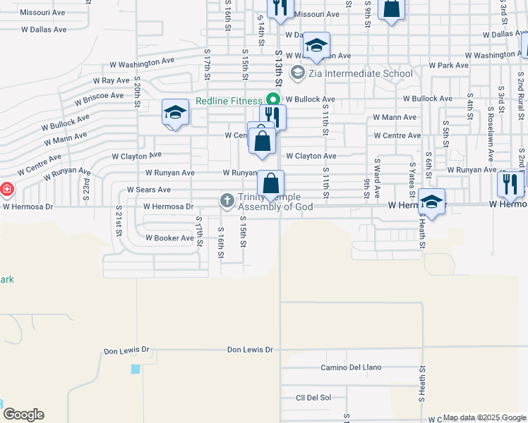 map of restaurants, bars, coffee shops, grocery stores, and more near 1305 West Hermosa Drive in Artesia