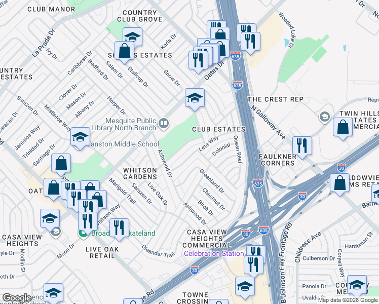 map of restaurants, bars, coffee shops, grocery stores, and more near 2508 Leta Way in Mesquite